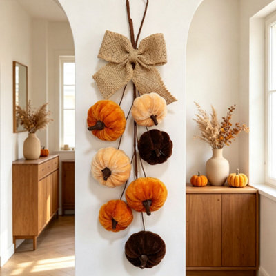 Amorly 1 Pack 36Cm Velvet Pumpkin Teardrop Swag Artificial Fall Hanging Garland With Burlap Bow For Front Door Harvest Decor - image 1