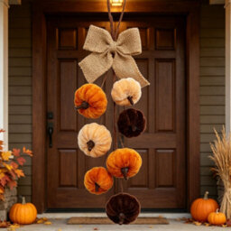 Amorly 1 Pack 36Cm Velvet Pumpkin Teardrop Swag Artificial Fall Hanging Garland With Burlap Bow For Front Door Harvest Decor - thumbnail 2