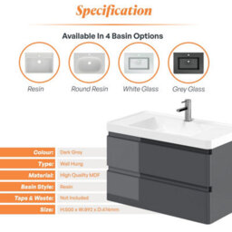 Plum&clay Marvel Gloss Dark Grey Wall Hung Bathroom Vanity Unit With Resin Basin (W)900mm - thumbnail 5
