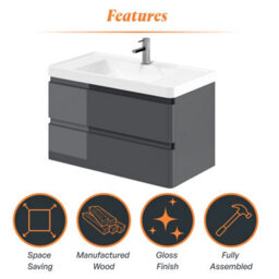 Plum&clay Marvel Gloss Dark Grey Wall Hung Bathroom Vanity Unit With Resin Basin (W)900mm - thumbnail 6
