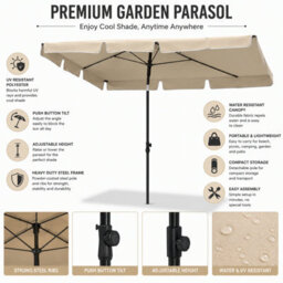 Shopnbits Rectangular Garden Parasol 200 X 125Cm Beige Steel Tilt Garden Umbrella With Uv Resistant Canopy - thumbnail 2