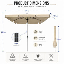 Shopnbits Rectangular Garden Parasol 200 X 125Cm Beige Steel Tilt Garden Umbrella With Uv Resistant Canopy - thumbnail 3