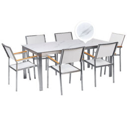 Beliani Garden Dining Set 6 Seater Cosoleto/grosseto Tempered Glass Marble Effect White Marble - thumbnail 1