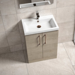 Balterley Bramshall Contemporary Bathroom Floor Standing 2-Door Vanity & Mid-Edge Basin, Solace Oak, 600mm - thumbnail 4
