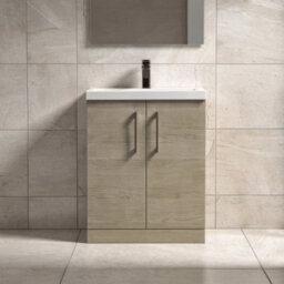 Balterley Bramshall Contemporary Bathroom Floor Standing 2-Door Vanity & Mid-Edge Basin, Solace Oak, 600mm - thumbnail 2