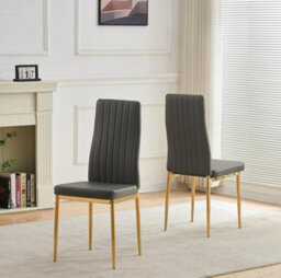 Furnizone UK Set Of 2 Dining Chairs - Glitz Modern Dining Chairs - Grey Faux Leather Gold Legs Dining Chairs - Kitchen Dining Room Chairs