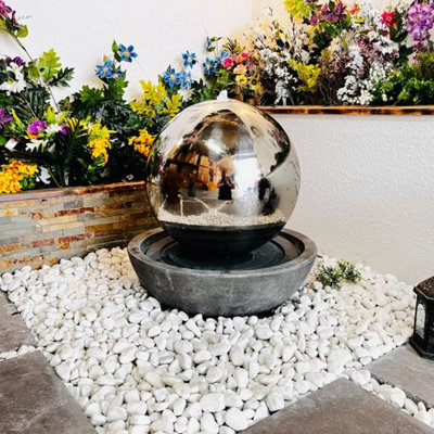 Outdoor Living UK Large Stainless Sphere Resin Base Mains Power Water Feature With Cover - image 1