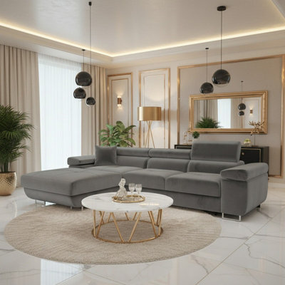 Torezio Mini L Shaped Sofa Bed With Adjustable Headrests Storage Dolfn Mechanism 280X170X70-90Cm Grey Left - image 1