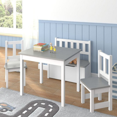 Urbn-Living Urbnliving 53Cm Height Wooden Children's Kids Toddlers Table, 2 Chairs & Toy Storage Bench Activity Set White & Grey - image 1
