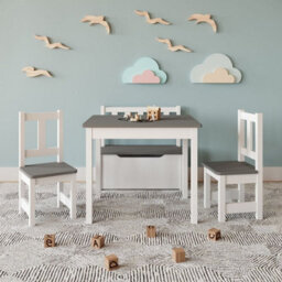 Urbn-Living Urbnliving 53Cm Height Wooden Children's Kids Toddlers Table, 2 Chairs & Toy Storage Bench Activity Set White & Grey - thumbnail 4