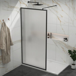 Royal Bathrooms Luxor 800mm Walk In Wet Room Fluted Shower Enclosure Screen With Matt Black Frame 8mm Nano Glass & Support Arm - thumbnail 4