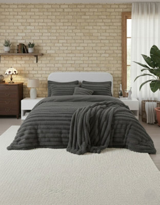 Luxury Teddy Cord Design Bedding Set Ultra Soft Cozy Stylish Comfort Grey - image 1
