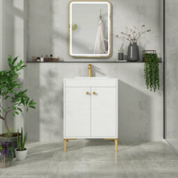 Royal Bathrooms Verona 600mm Gloss White Floor Standing Vanity Unit 2 Door With Carrara White Basin & Brushed Brass Knob - thumbnail 4