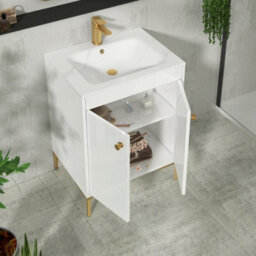 Royal Bathrooms Verona 600mm Gloss White Floor Standing Vanity Unit 2 Door With Carrara White Basin & Brushed Brass Knob - thumbnail 5