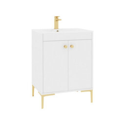 Royal Bathrooms Verona 600mm Gloss White Floor Standing Vanity Unit 2 Door With Carrara White Basin & Brushed Brass Knob - thumbnail 6