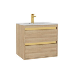 Royal Bathrooms Orion 600mm Natural Oak 2 Drawer Wall Hung Vanity Unit With Carrara White Basin & Brushed Brass Accent Trim - thumbnail 7