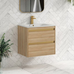 Royal Bathrooms Orion 600mm Natural Oak 2 Drawer Wall Hung Vanity Unit With Carrara White Basin & Brushed Brass Accent Trim - thumbnail 6