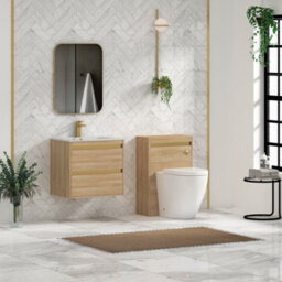 Royal Bathrooms Orion 600mm Natural Oak 2 Drawer Wall Hung Vanity Unit With Carrara White Basin & Brushed Brass Accent Trim - thumbnail 3