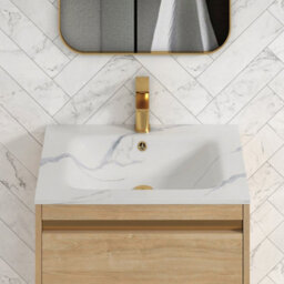 Royal Bathrooms Orion 600mm Natural Oak 2 Drawer Wall Hung Vanity Unit With Carrara White Basin & Brushed Brass Accent Trim - thumbnail 5