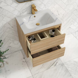 Royal Bathrooms Orion 600mm Natural Oak 2 Drawer Wall Hung Vanity Unit With Carrara White Basin & Brushed Brass Accent Trim - thumbnail 4