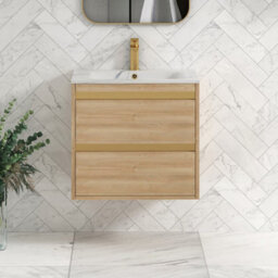 Royal Bathrooms Orion 600mm Natural Oak 2 Drawer Wall Hung Vanity Unit With Carrara White Basin & Brushed Brass Accent Trim - thumbnail 1