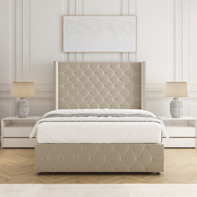 Bsspoke Mayfair Divan Bed In Cream Plush Velvet 54Inch Headboard & Footboard & Mattress No Drawers In 3Ft 4Ft 4Ft6 5Ft 6Ft - image 1