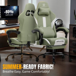GTPLAYER Fabric Gaming Chair, Ergonomic Computer Chair with Footrest Lumbar Support Heavy Duty Svivel Office Desk Chairs, Green - thumbnail 2
