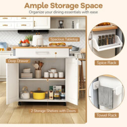 Costway Kitchen Island Cart W/ Lockable Wheels Mobile Trolley W/ 2-Door Cabinet-White - thumbnail 6