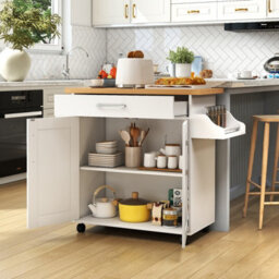 Costway Kitchen Island Cart W/ Lockable Wheels Mobile Trolley W/ 2-Door Cabinet-White - thumbnail 4