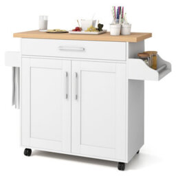 Costway Kitchen Island Cart W/ Lockable Wheels Mobile Trolley W/ 2-Door Cabinet-White - thumbnail 2