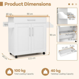 Costway Kitchen Island Cart W/ Lockable Wheels Mobile Trolley W/ 2-Door Cabinet-White - thumbnail 3