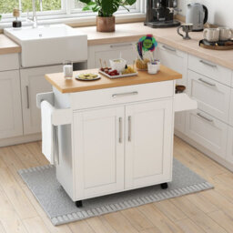Costway Kitchen Island Cart W/ Lockable Wheels Mobile Trolley W/ 2-Door Cabinet-White