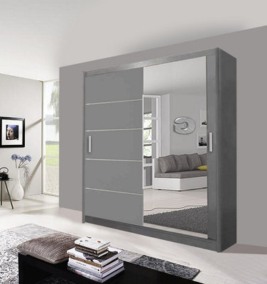 Modern Lyon Mirror Sliding Door Wardrobe With Hanging Rails & Shelves (Grey, 120Cm) - image 1