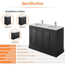 Plum&clay Fairmont Traditional Black Square Floor Standing Bathroom Vanity Unit With Ceramic Basin & Marble Top (W)1200mm - thumbnail 4