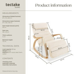 Tectake 1 Rocking Chair Onda - With Armrests, Comfortable Padding With Pillow, 5-Step Adjustable Footrest  - Beige - thumbnail 6