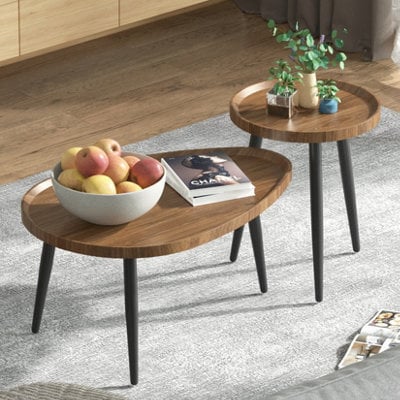 Fativo Nordic Style Wooden Nesting Coffee Table Round Oval Small Space Sofa Side Table W/ Metal Legs - image 1