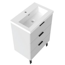 AVER-GROWTH 600mm Bathroom Vanity Unit With Sink Matt White Floor Standing Bathroom Storage Cabinet 3 Drawers Black Handles - thumbnail 3