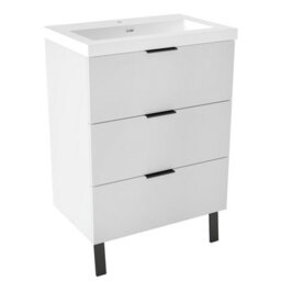 AVER-GROWTH 600mm Bathroom Vanity Unit With Sink Matt White Floor Standing Bathroom Storage Cabinet 3 Drawers Black Handles - thumbnail 1