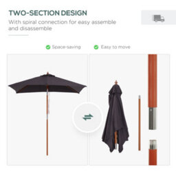 Outsunny Wooden Patio Umbrella Market Parasol Outdoor Sunshade 6 Ribs Deep Grey - thumbnail 7