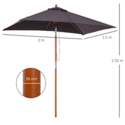 Outsunny Wooden Patio Umbrella Market Parasol Outdoor Sunshade 6 Ribs Deep Grey - thumbnail 3
