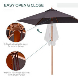 Outsunny Wooden Patio Umbrella Market Parasol Outdoor Sunshade 6 Ribs Deep Grey - thumbnail 6