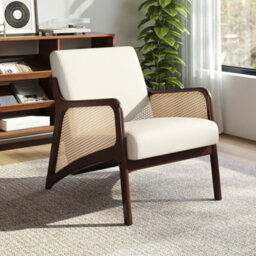 Thehotsale 63 X 73.5 X 79Cm Beige Corduroy Armchair With Rattan Armrest And Wooden Legs
