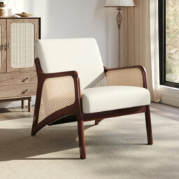 Thehotsale 63 X 73.5 X 79Cm Beige Corduroy Armchair With Rattan Armrest And Wooden Legs - thumbnail 2