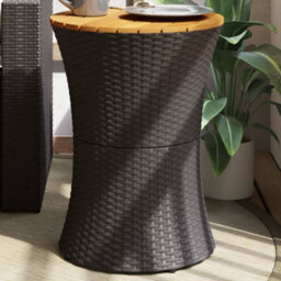Walplus Garden Side Table Drum Shape Black Poly Rattan And Solid Wood - thumbnail 1