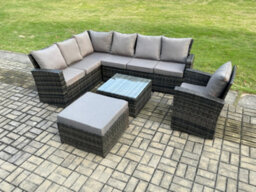 Fimous Rattan Garden Furniture Set Outdoor Lounge Corner Sofa Set With Square Coffee Table Big Footstool Armchair 8 Seater - thumbnail 2