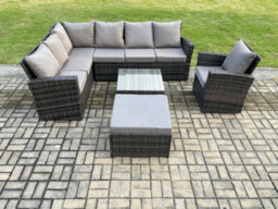 Fimous Rattan Garden Furniture Set Outdoor Lounge Corner Sofa Set With Square Coffee Table Big Footstool Armchair 8 Seater - thumbnail 1