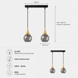 Luminosa Lighting Luminosa Lacrima Bar Pendant Ceiling Light Black, Gold Smoky Glass Shade 2X E27 - thumbnail 4