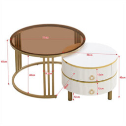 Abrihome 2-In-1 Mdf Coffee & Side Table Set, 2 Drawers, 70 & 50Cm, High-Gloss + Brown Glass Tops - thumbnail 9