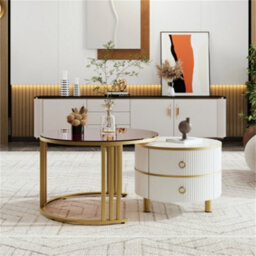 Abrihome 2-In-1 Mdf Coffee & Side Table Set, 2 Drawers, 70 & 50Cm, High-Gloss + Brown Glass Tops