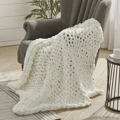 Living And Home Warm Fluffy Soft Stretchable Chunky Knit Handwoven Chenille Throw Blanket 150Cm L X 100Cm W Milk White - image 1